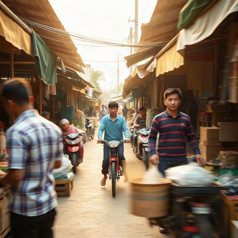 Candid scene of informal market workers in a northeast Thai morning market