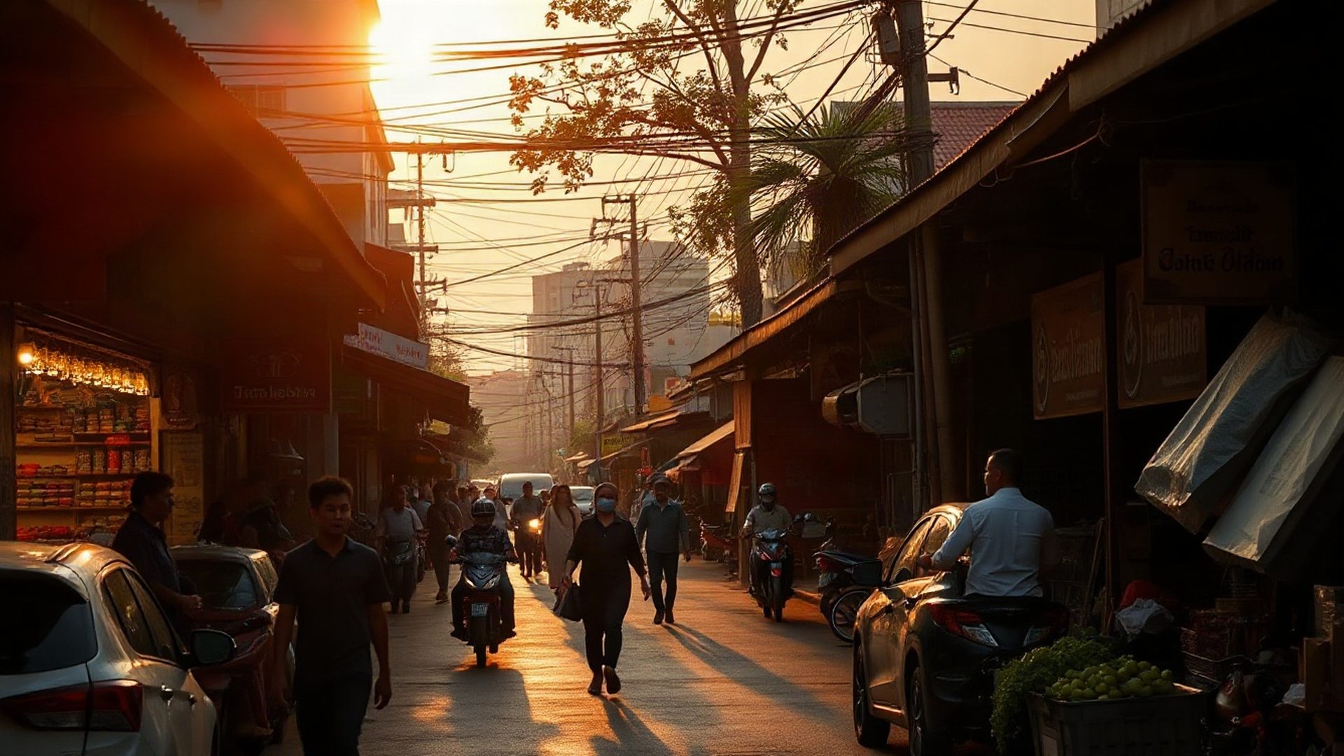 Provincial Thai market street at golden hour in Khon Kaen
