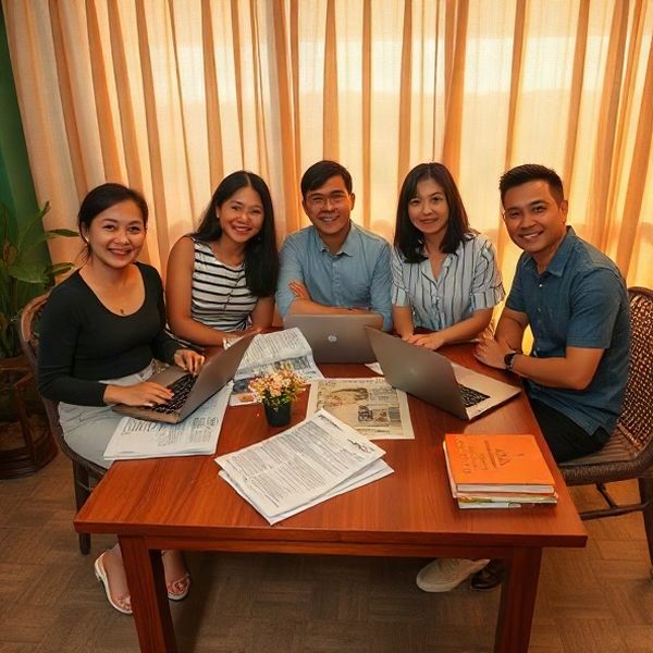Candid group portrait of the small Mae-noi Thong-oon editorial team