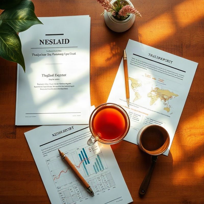 Overhead view of Thai economic reports, hand-annotated charts, and a cup of tea on a warm desk