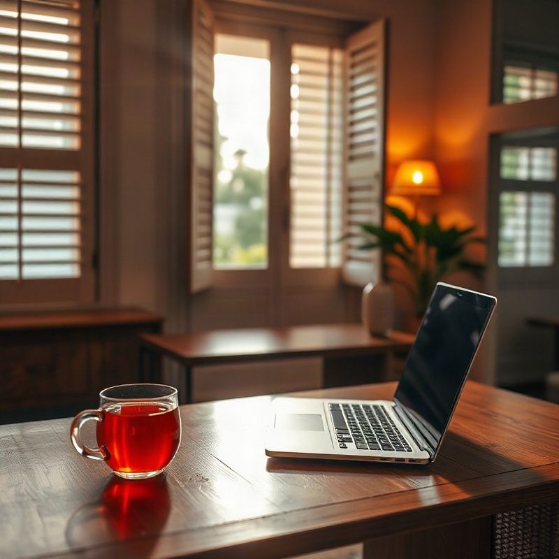 Wooden desk in a warm Thai editorial office