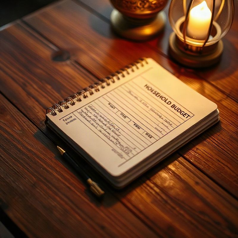 Close-up of a Thai family's household budget notebook on a worn teak table