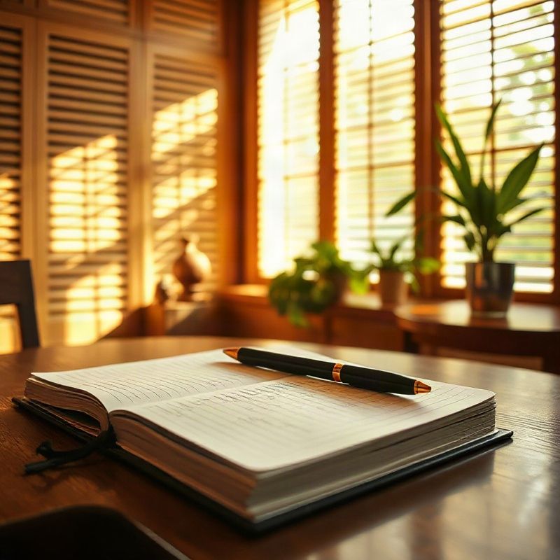 An open journalist's notebook on a desk in a provincial Thai office